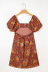 Floral Square Neck Puff Sleeve Open Back Mini Dress